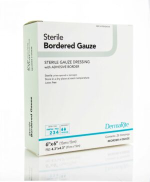 DermaRite Bordered Gauze Wound Dressing w/Adhesive Border 6" x 6" Sterile - Box of 25 - #00263E