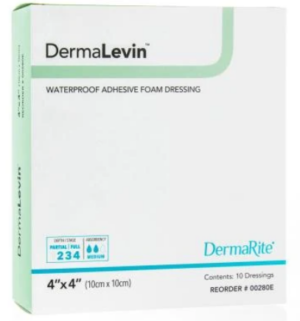 DermaRite DermaLevin Waterproof Adhesive Foam Wound Dressing 4" x 4" Sterile - Box of 10 - #00280E