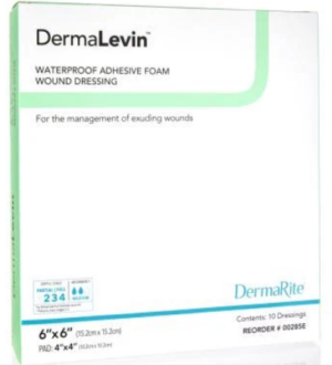 DermaRite DermaLevin Waterproof Adhesive Foam Wound Dressing 6" x 6" Sterile - Box of 10 - #00285E
