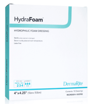 DermaRite HydraFoam Hydrophilic Foam Wound Dressing 4" x 4.25" Sterile - Box of 10 - #00295E