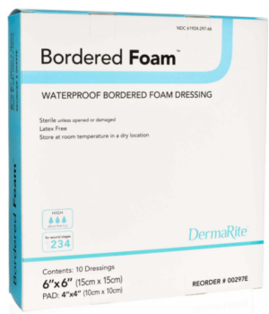 DermaRite Bordered Foam Waterproof Bordered Foam Wound Dressing 6" x 6" Sterile - Box of 10 - #00297E