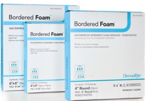 DermaRite Bordered Foam Waterproof Bordered Foam Wound Dressing 4" x 4" Sterile - Box of 10 - #00298E