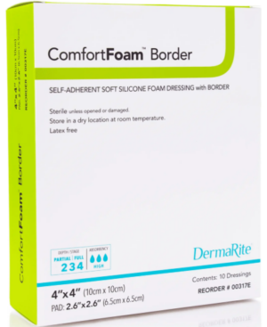 DermaRite ComfortFoam Border Bordered Foam Wound Dressing w/Soft Silicone Adhesive 4" x 4" Sterile - Box of 10 - #00317E