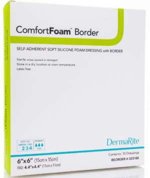 DermaRite ComfortFoam Border Bordered Foam Wound Dressing w/Soft Silicone Adhesive 6" x 6" Sterile - Box of 10 - #00318E
