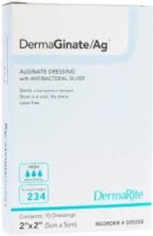 DermaRite DermaGinate/Ag Alginate Wound Dressing w/Antibacterial Silver 2" x 2" Sterile - Box of 10 - #00520E