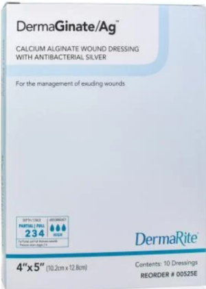 DermaRite DermaGinate/Ag Alginate Wound Dressing w/Antibacterial Silver 4" x 5" Sterile - Box of 10 - #00525E