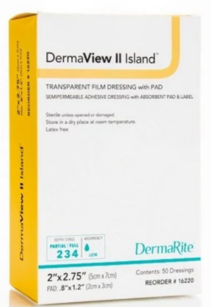 DermaRite DermaView II Island Transparent Film Dressing w/Non-Adherent Absorbent Pad 2" x 2.75" Sterile - Box of 50 - #16220