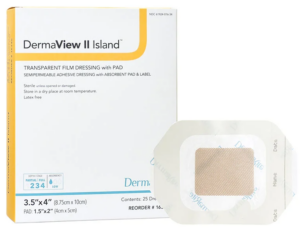 DermaRite DermaView II Island Transparent Film Dressing w/Non-Adherent Absorbent Pad 3.5" x 4" Sterile - Box of 25 - #16340